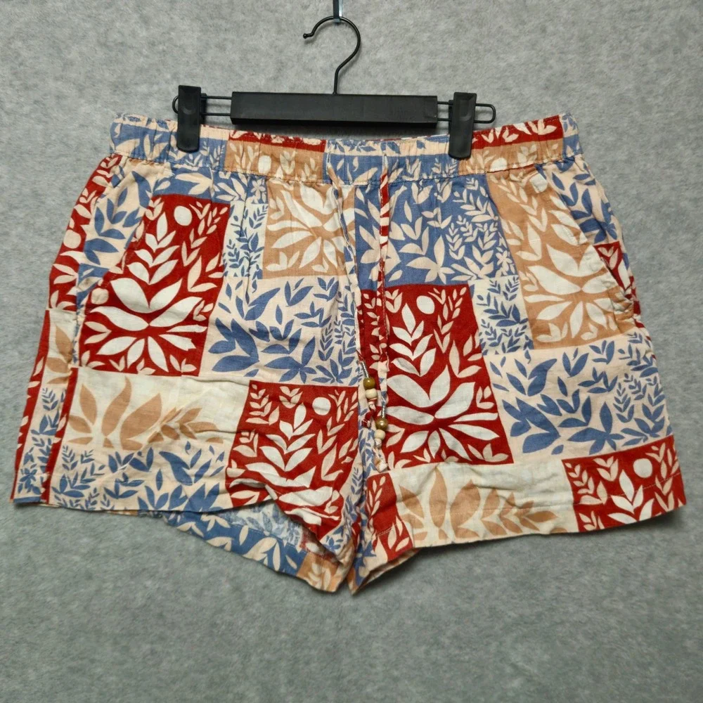 Sigrid‎ Olsen Womens 100% Linen Patchwork Botanical Shorts Red Blue Tan Large